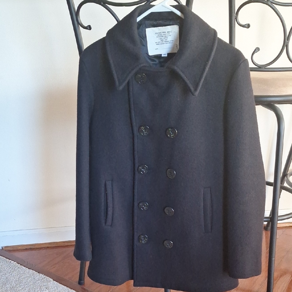 Men's Vintage Dark Navy Blue Pea Coat, Size 36
